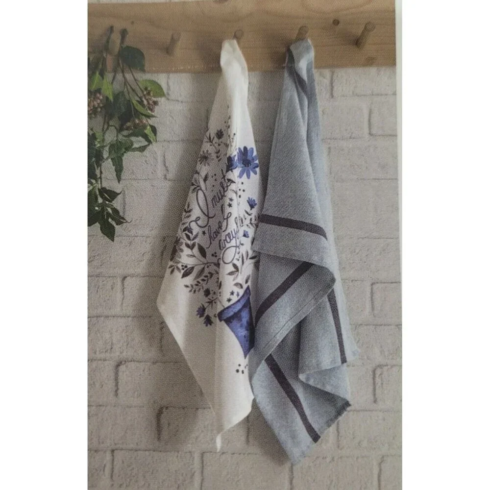Atelier Kitchen Towels Blue‎ Set Of 2 Solid w Stripe Floral Plant Graphic